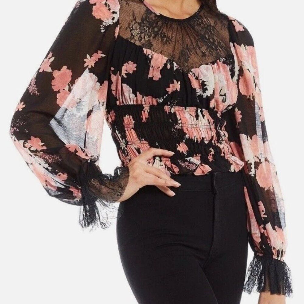 NWT Free People Daphne Floral Lace Sheer Smocked Blouse Black Pink Boho Top S